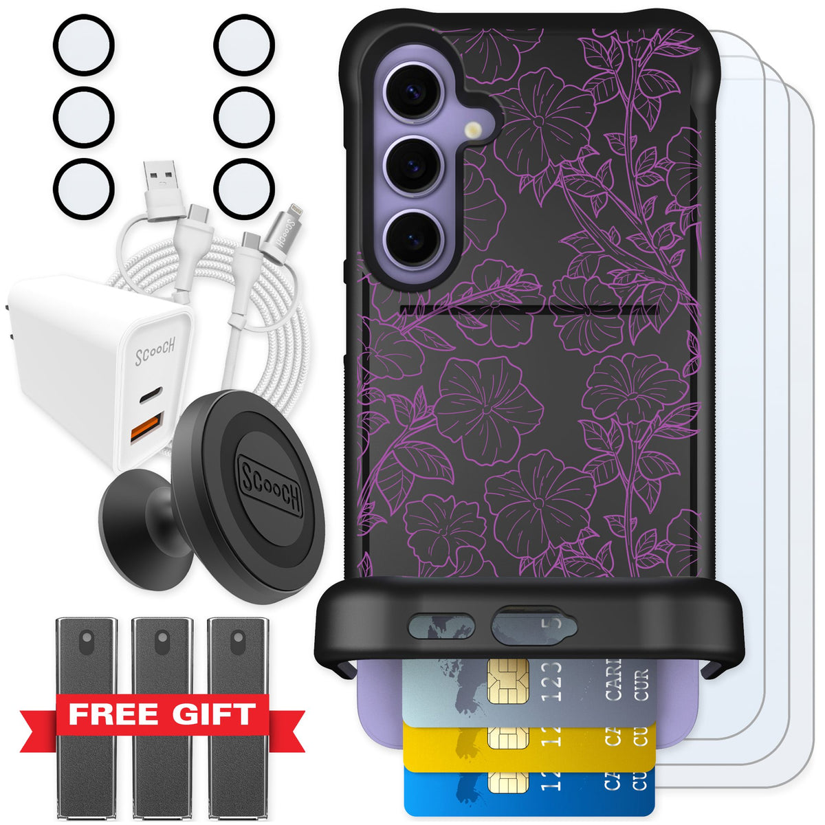Scooch Wingmate Purple Petunias for Galaxy S24+ — Ultimate Bundle