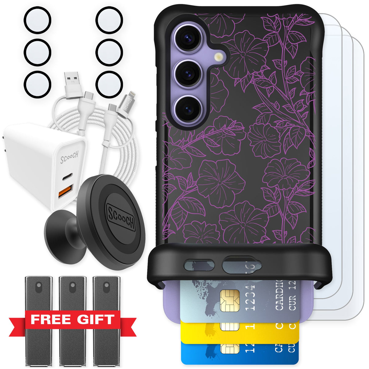 Scooch Wingmate Purple Petunias for Galaxy S24 — Ultimate Bundle