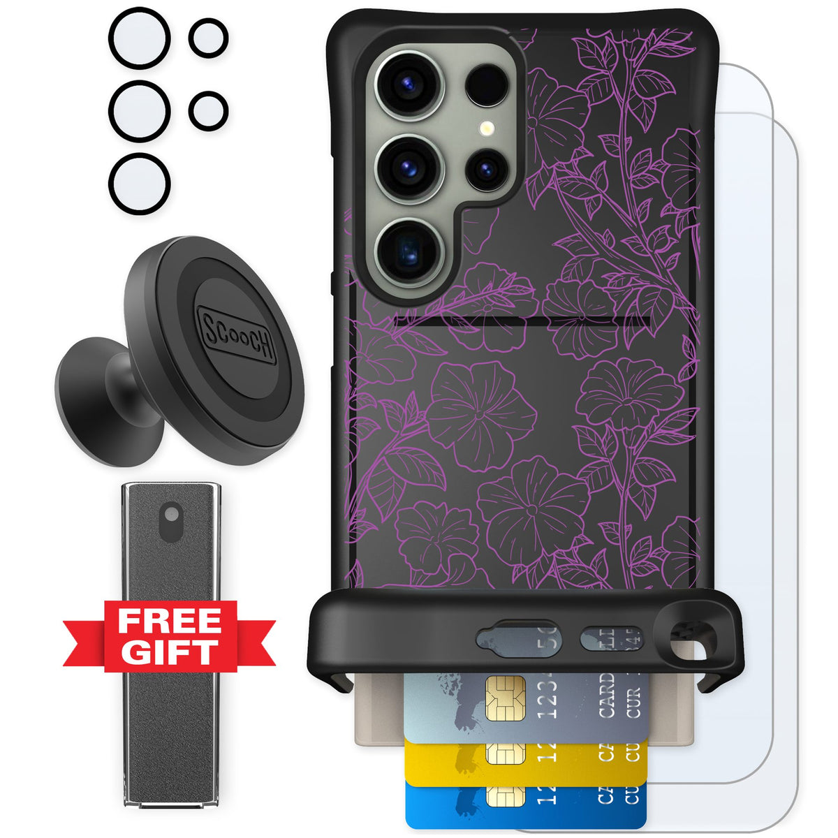 Scooch Wingmate Purple Petunias for Galaxy S24 Ultra — Defender Bundle