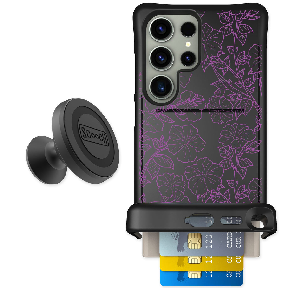 Scooch Wingmate Purple Petunias for Galaxy S24 Ultra — Starter Bundle