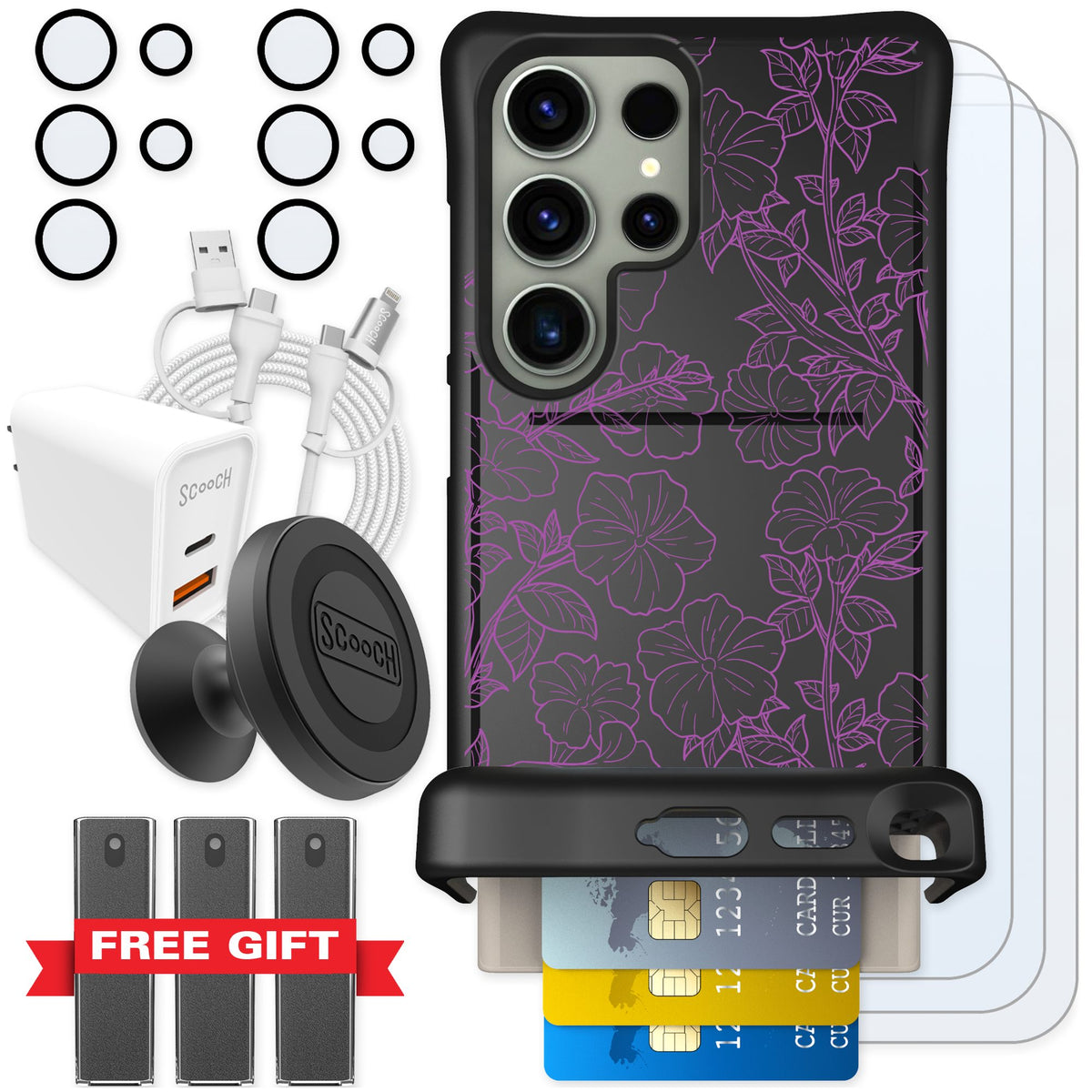 Scooch Wingmate Purple Petunias for Galaxy S24 Ultra — Ultimate Bundle