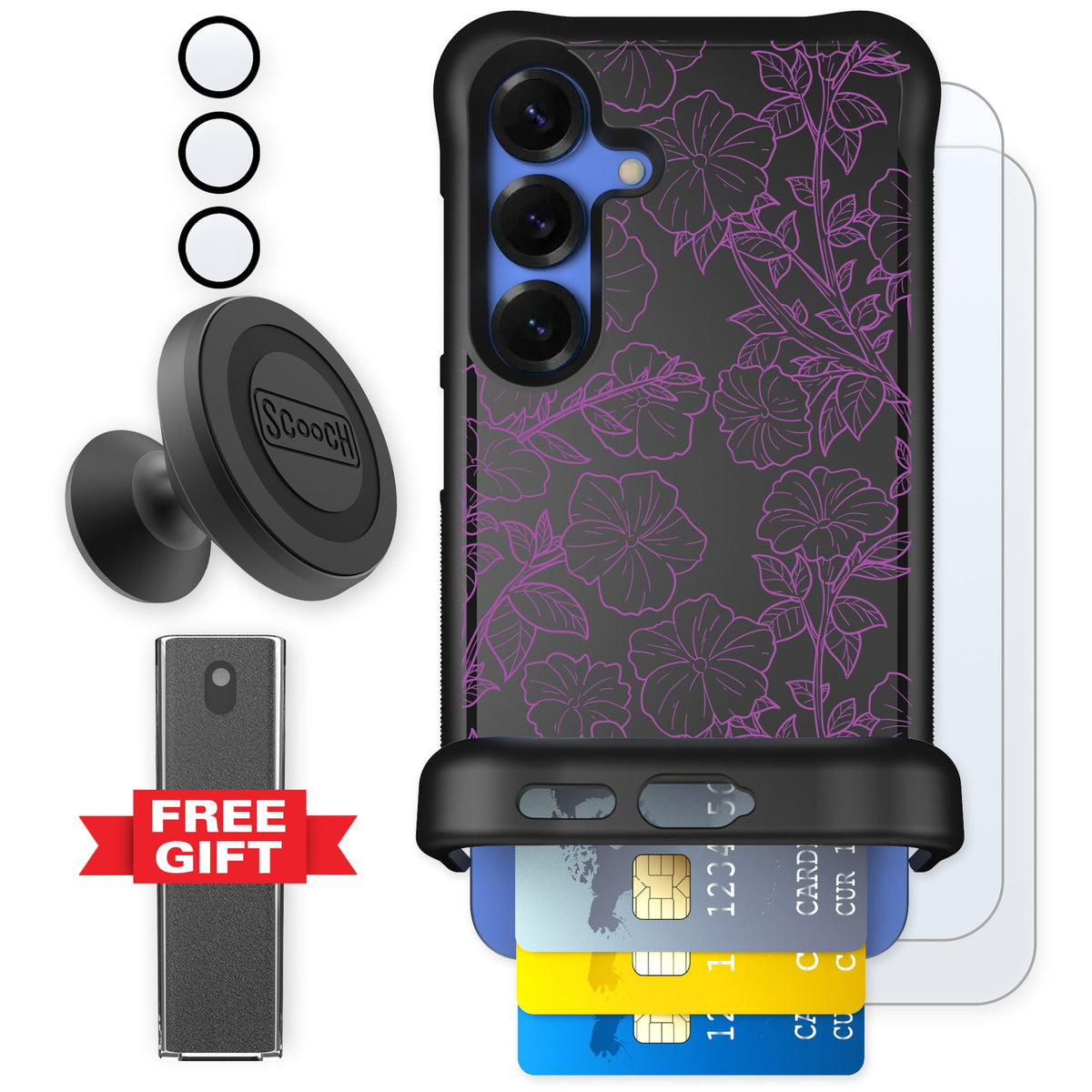 Scooch Wingmate Purple Petunias for Galaxy S25 — Defender Bundle