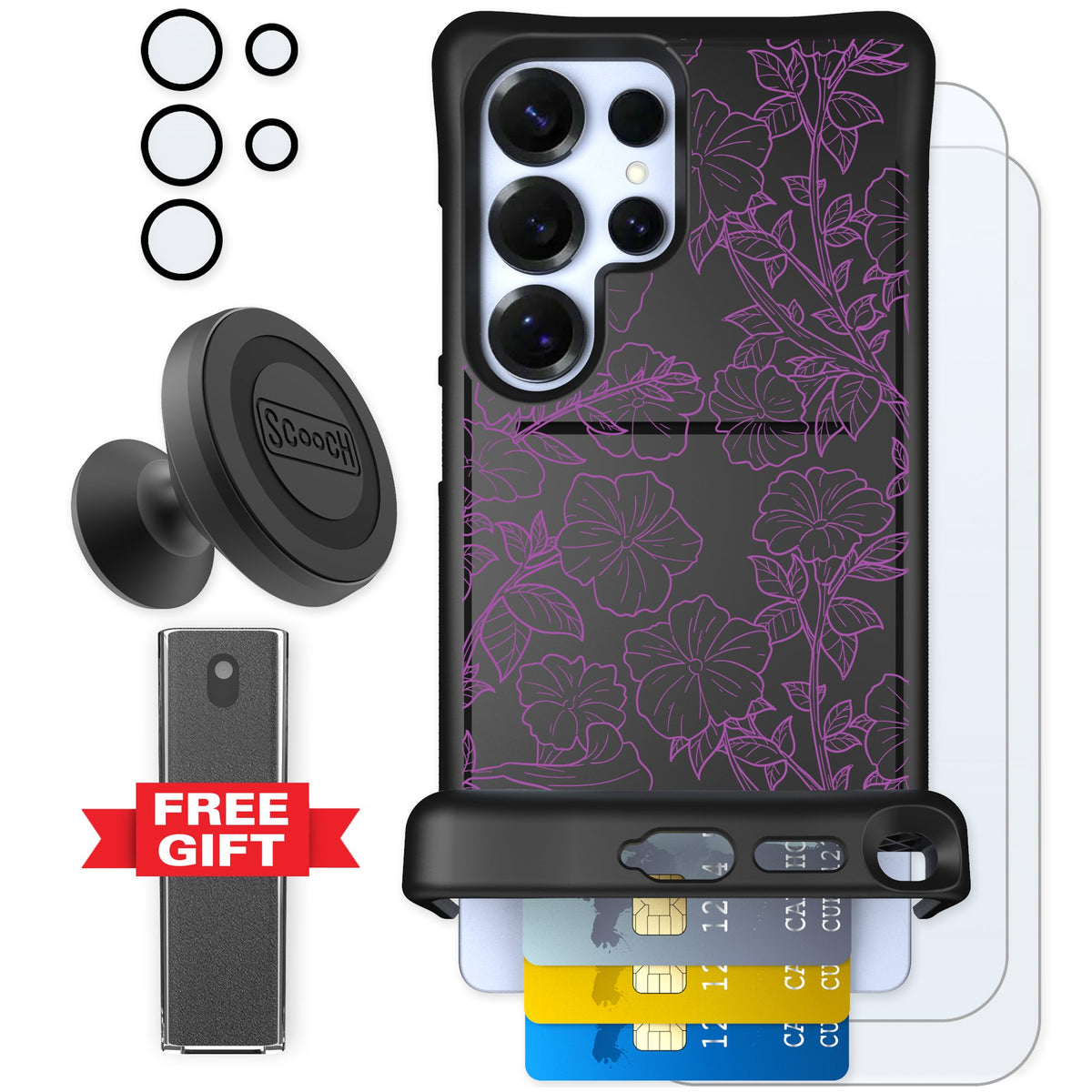 Scooch Wingmate Purple Petunias for Galaxy S25 Ultra — Defender Bundle