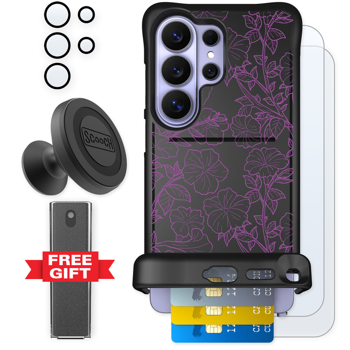 Scooch Wingmate Purple Petunias for Galaxy S26 Ultra — Defender Bundle