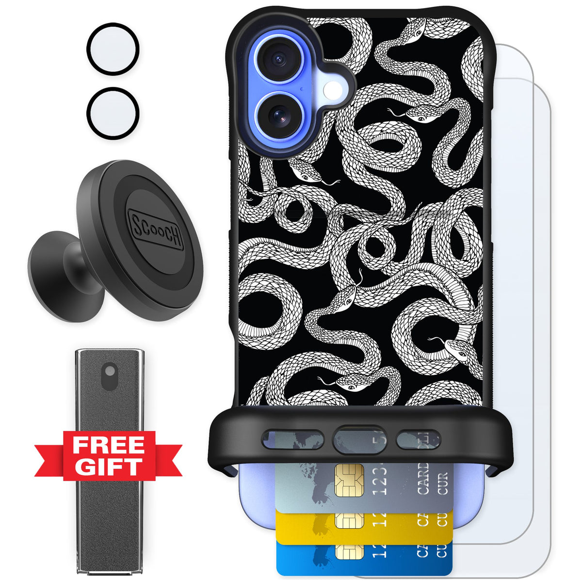 Scooch Wingmate Snakes for iPhone 16 Plus — Defender Bundle