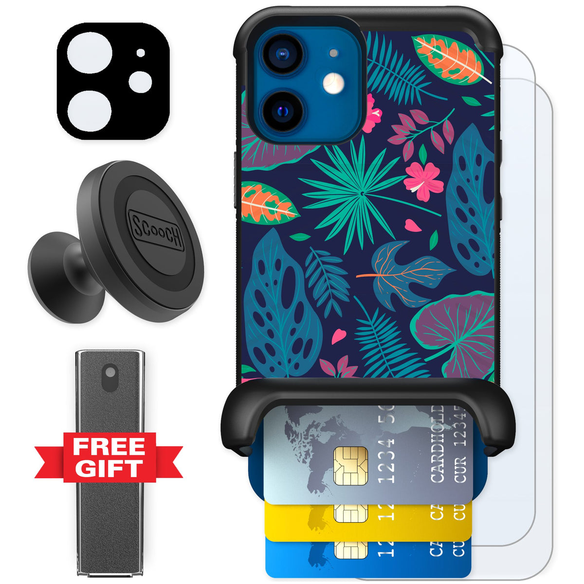 Scooch Wingmate Tropical Leaves for iPhone 12 mini — Defender Bundle