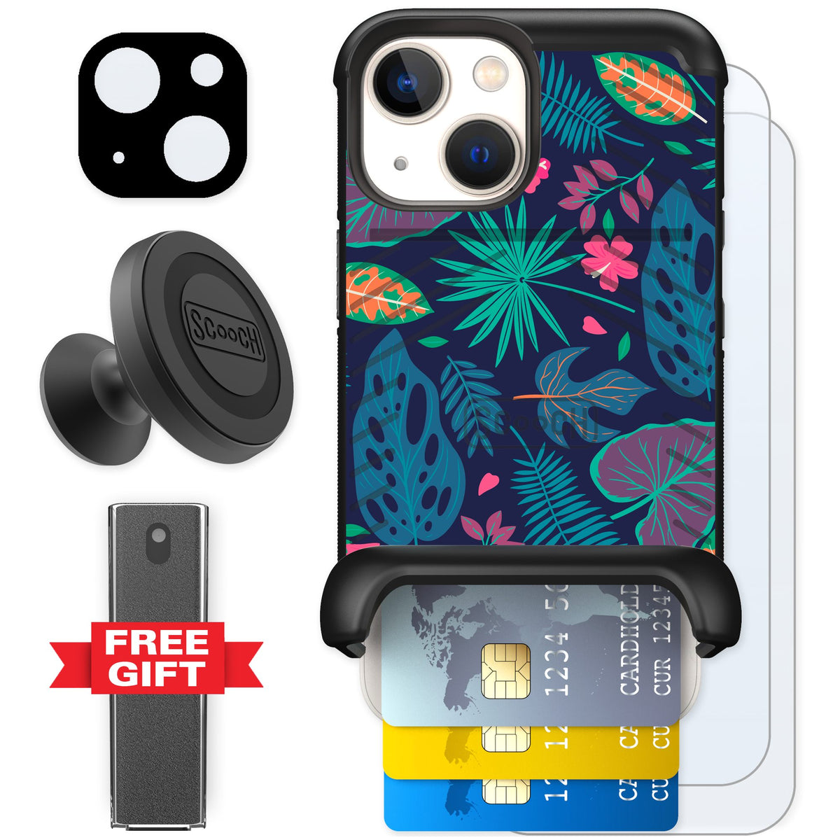 Scooch Wingmate Tropical Leaves for iPhone 13 mini — Defender Bundle