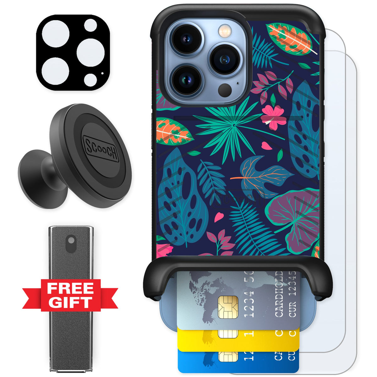 Scooch Wingmate Tropical Leaves for iPhone 13 Pro — Defender Bundle