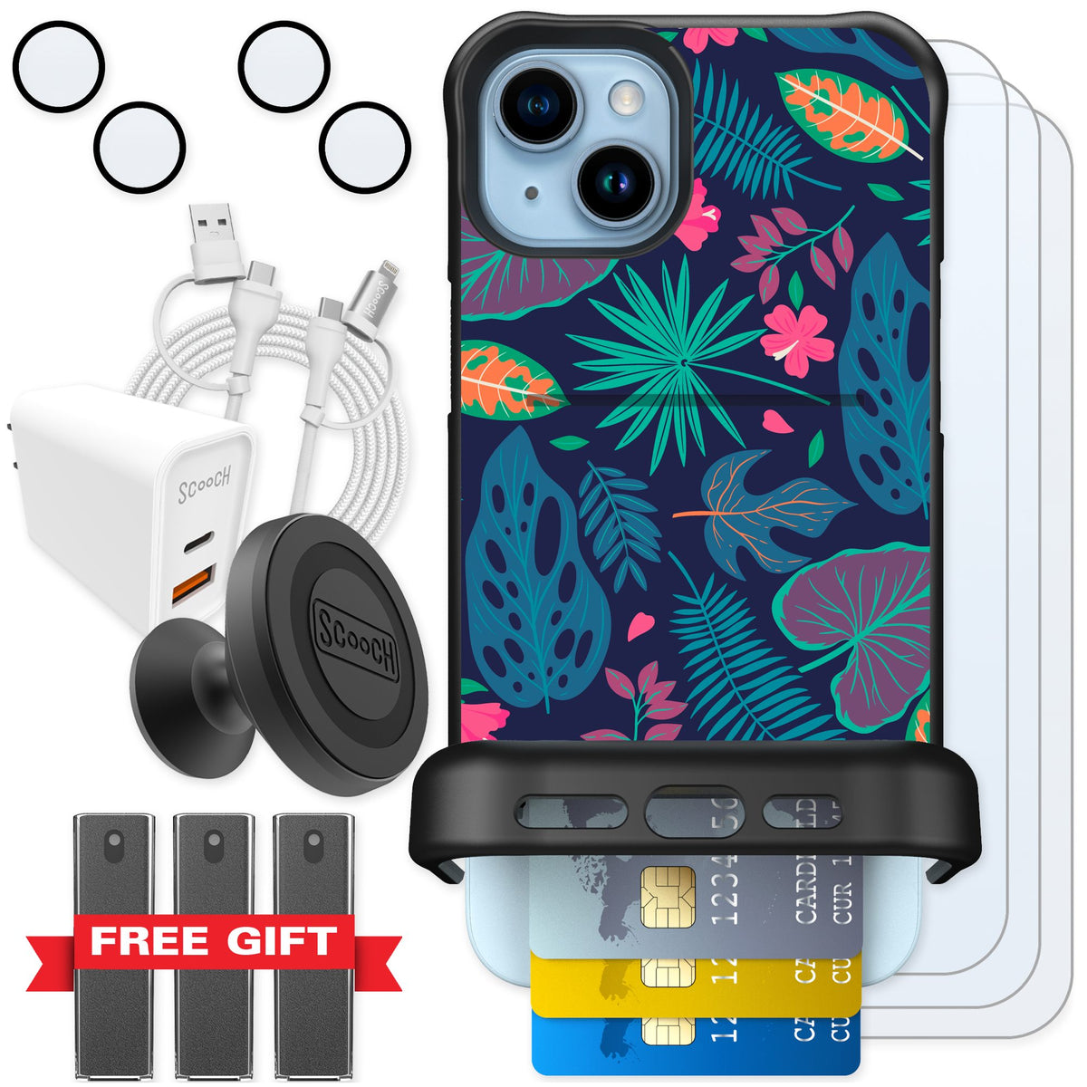 Scooch Wingmate Tropical Leaves for iPhone 14 Plus — Ultimate Bundle