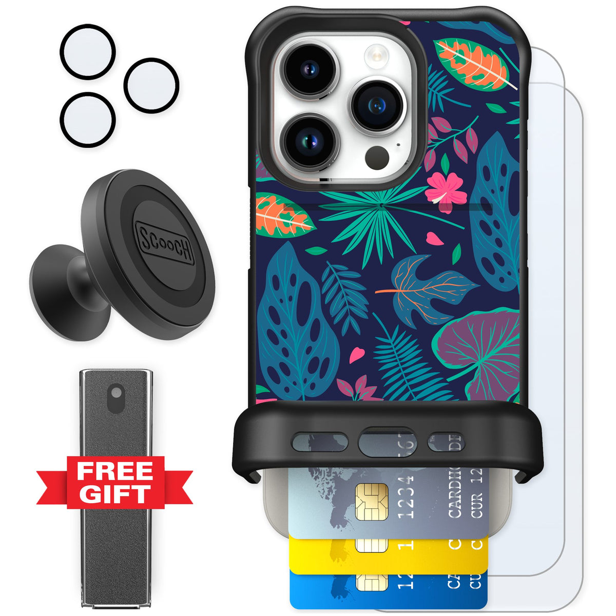 Scooch Wingmate Tropical Leaves for iPhone 15 Pro — Defender Bundle