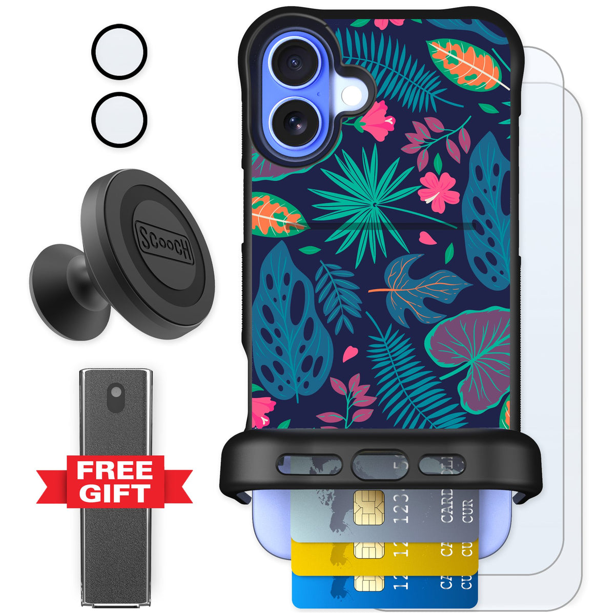 Scooch Wingmate Tropical Leaves for iPhone 16 Plus — Defender Bundle