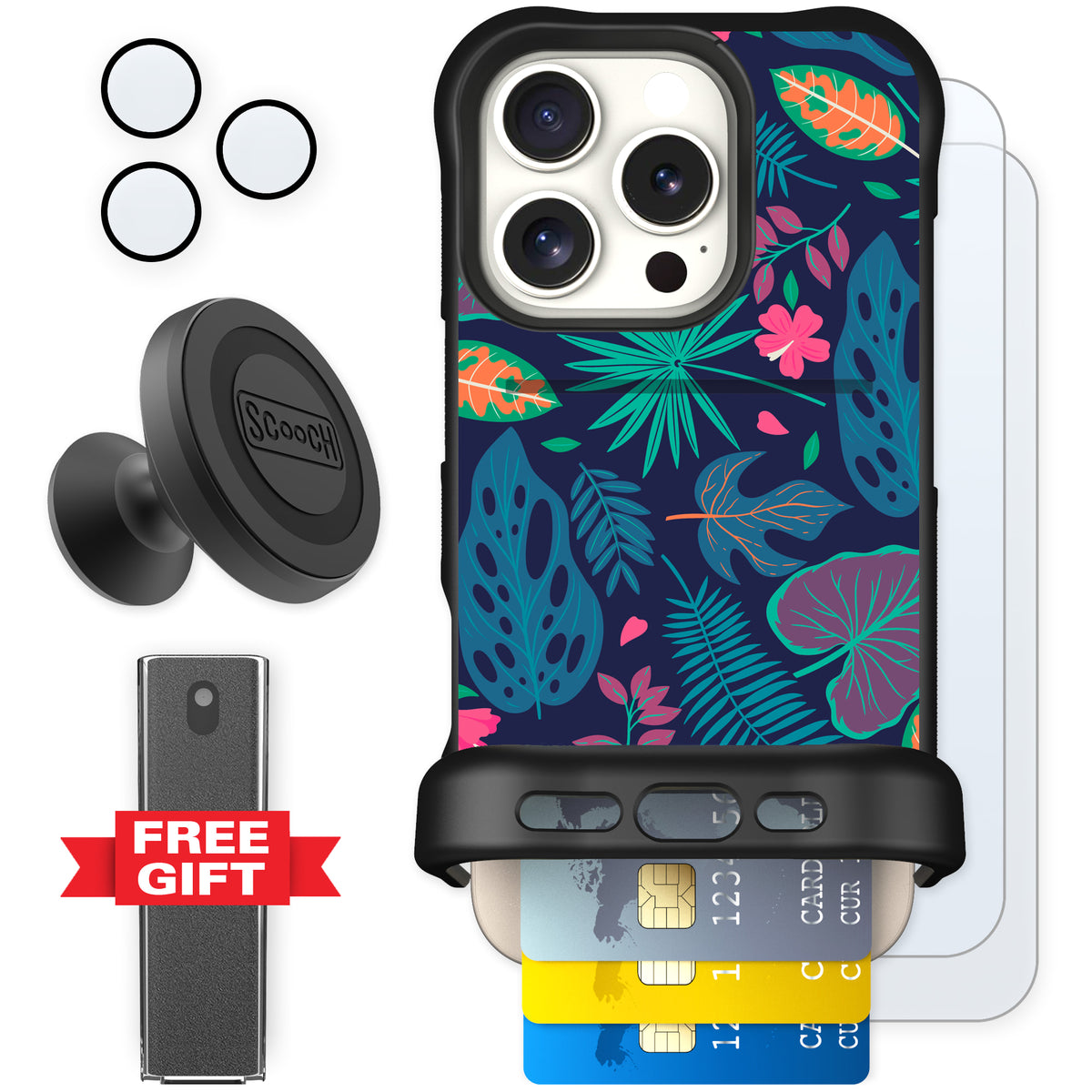 Scooch Wingmate Tropical Leaves for iPhone 16 Pro — Defender Bundle