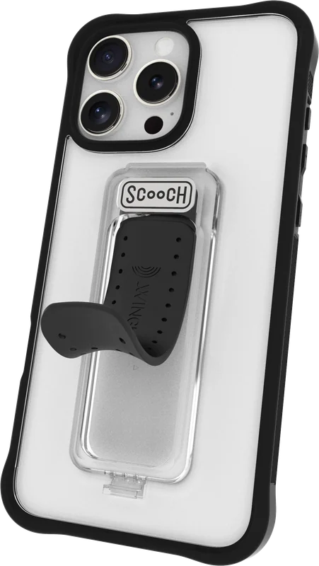 Tuxedo Clear Wingman package angle with Clickstand open, iPhone 16 Pro Max